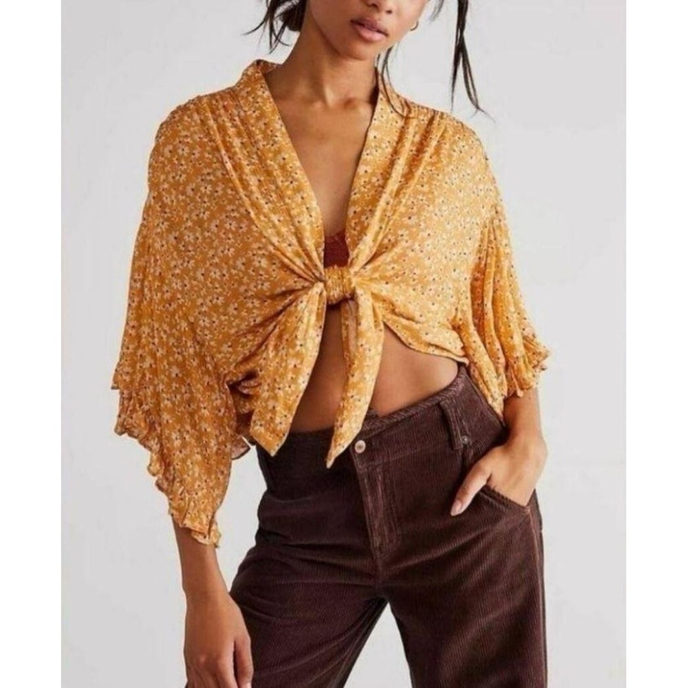Free People Floral Tie Front Blouse Orange XS Cropped Viscose OB1470198 Boho